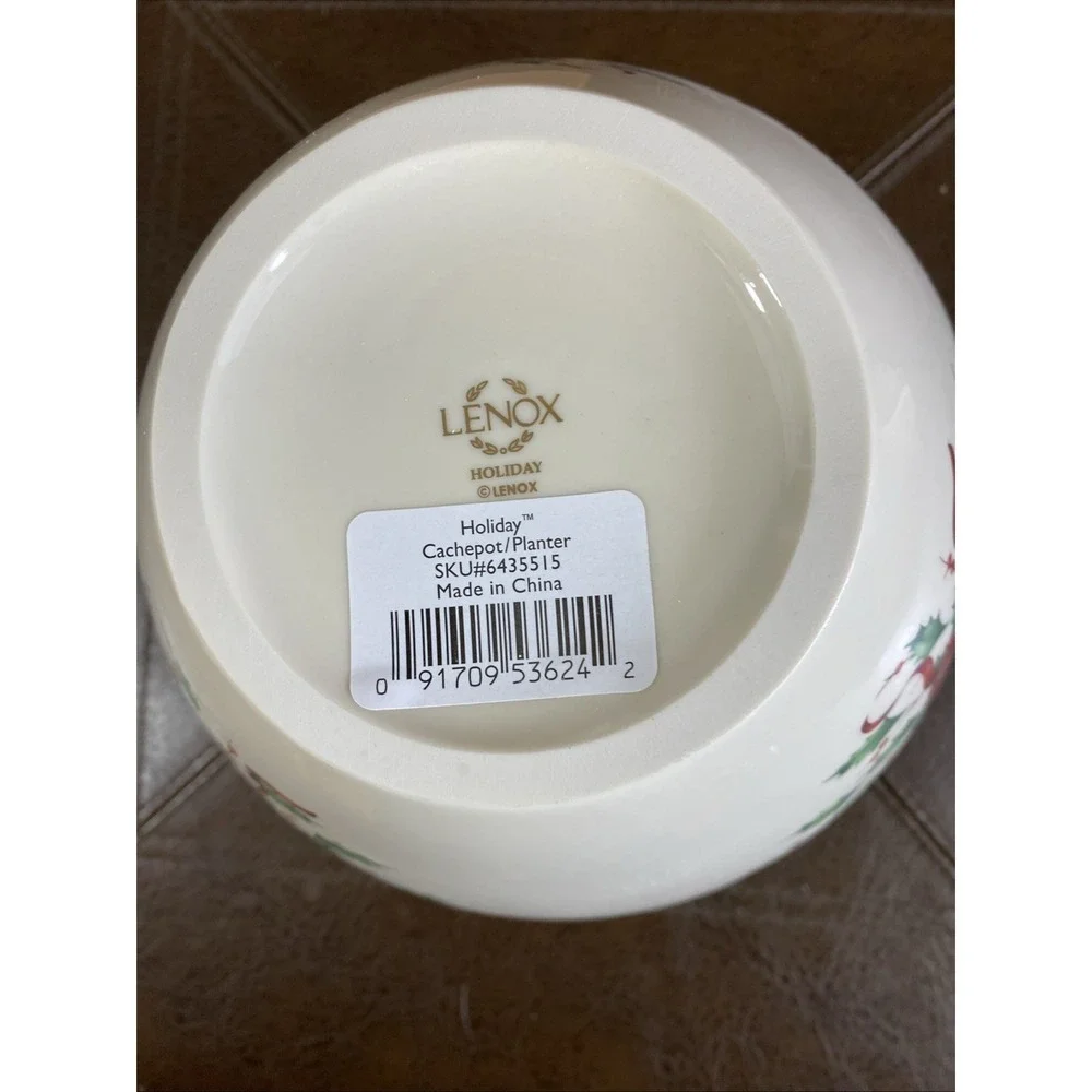 Lenox Holiday Cachepot Planter Vase Bowl Porcelain Holly Berry Motif 6435515 Vtg